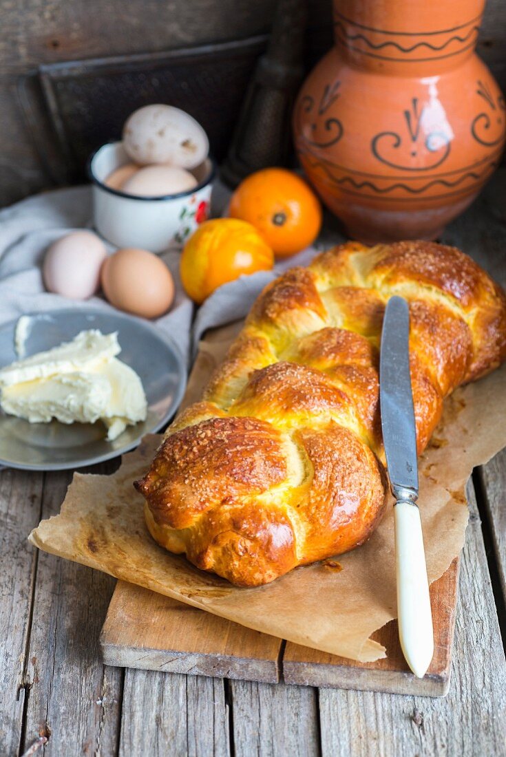 Home-made challah bread with orange zest