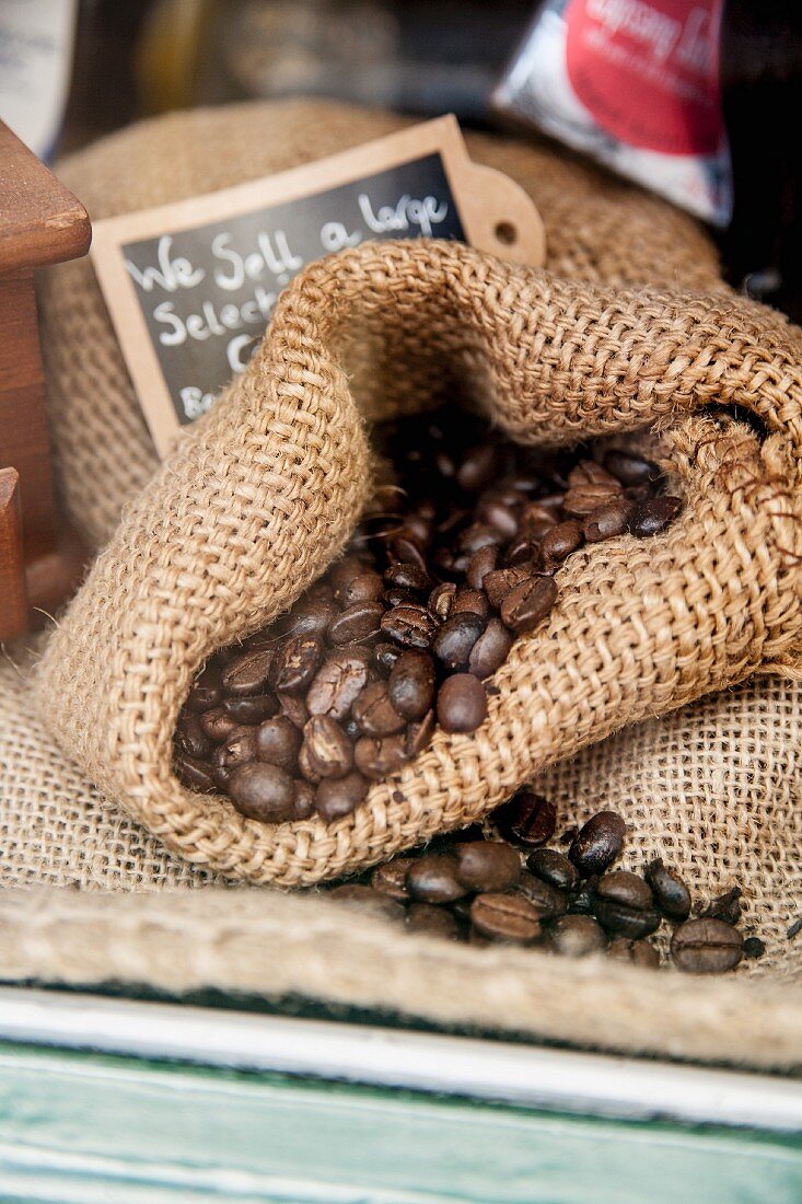 Coffee beans in a jute sack