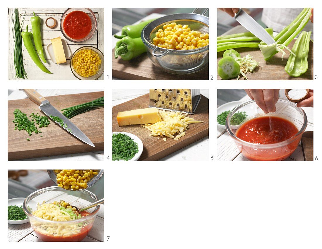 Paprika-Mais-Dip mit Käse und Schnittlauch zubereiten