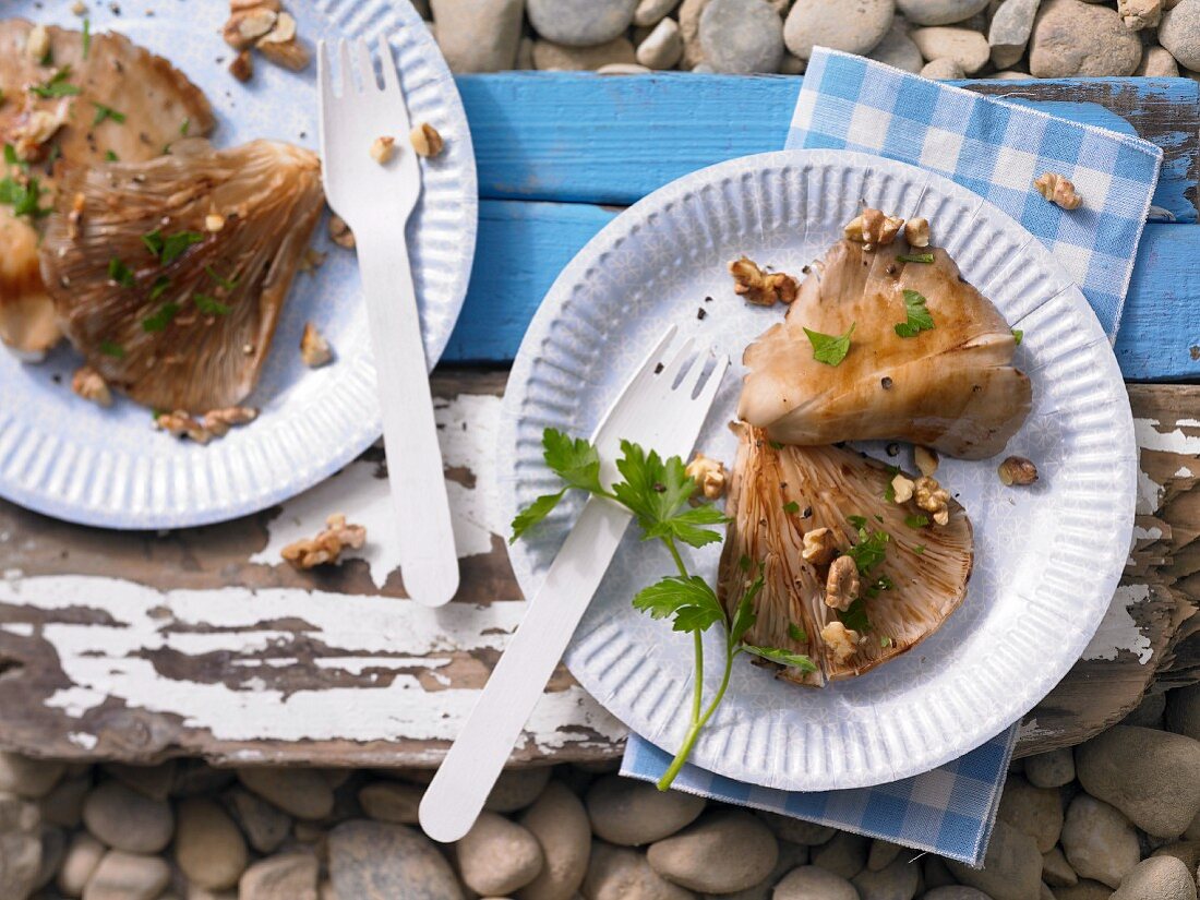 Grilled oyster mushrooms with walnuts