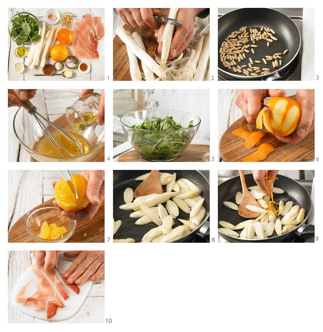 How to prepare asparagus & orange salad with Serrano ham and pine nuts