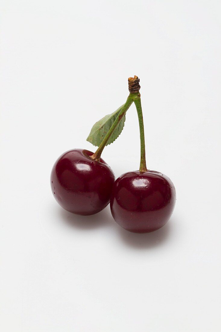 Two sour cherries on a white surface