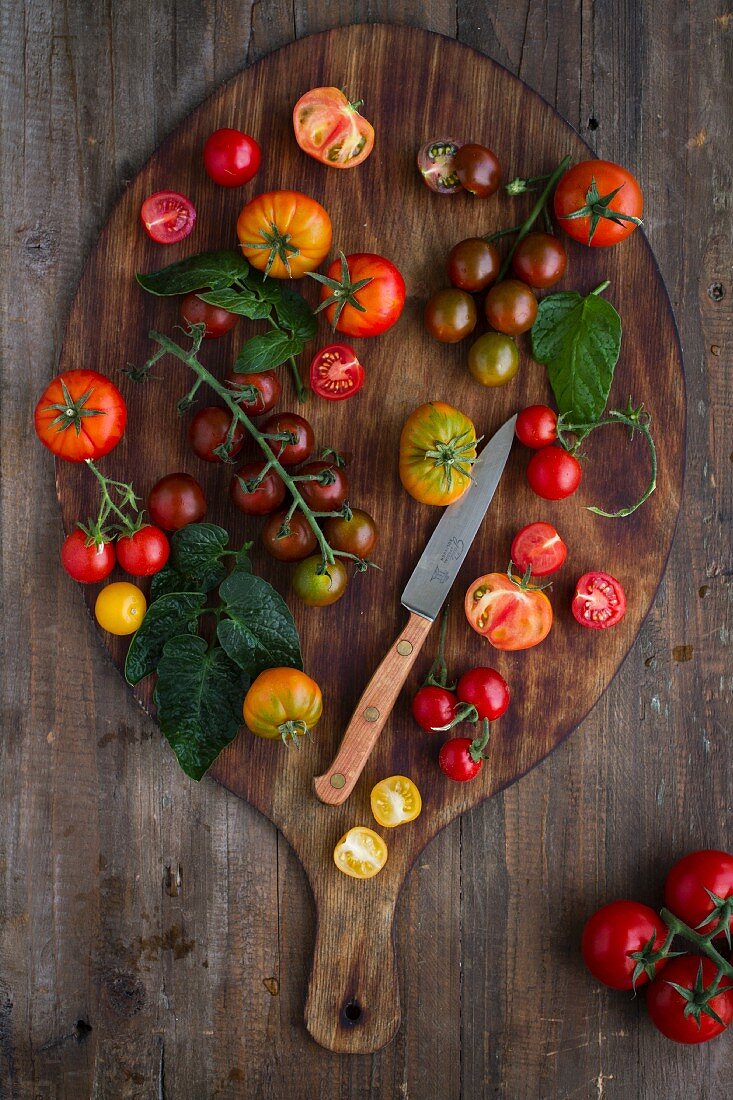 Verschiedene Tomatensorten auf Holzbrett (Aufsicht)