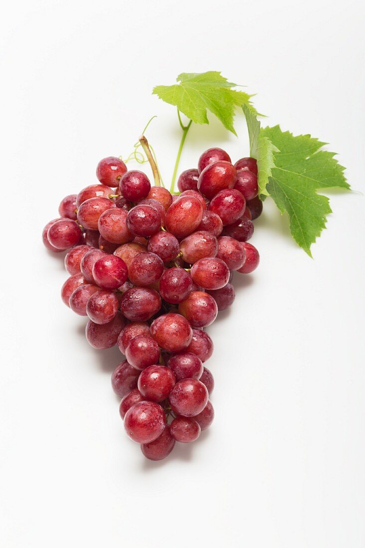 Red grapes with a leaf on a white surface