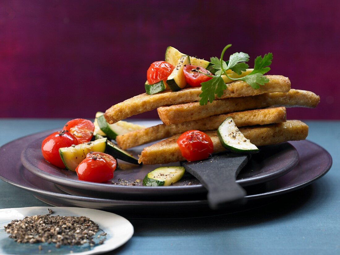 Pan-fried slices of toast with courgette and cherry tomatoes