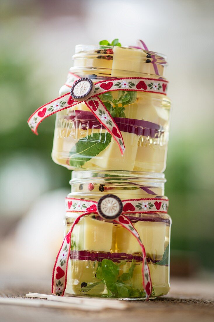 Pickled cheese in jars for Oktober Fest