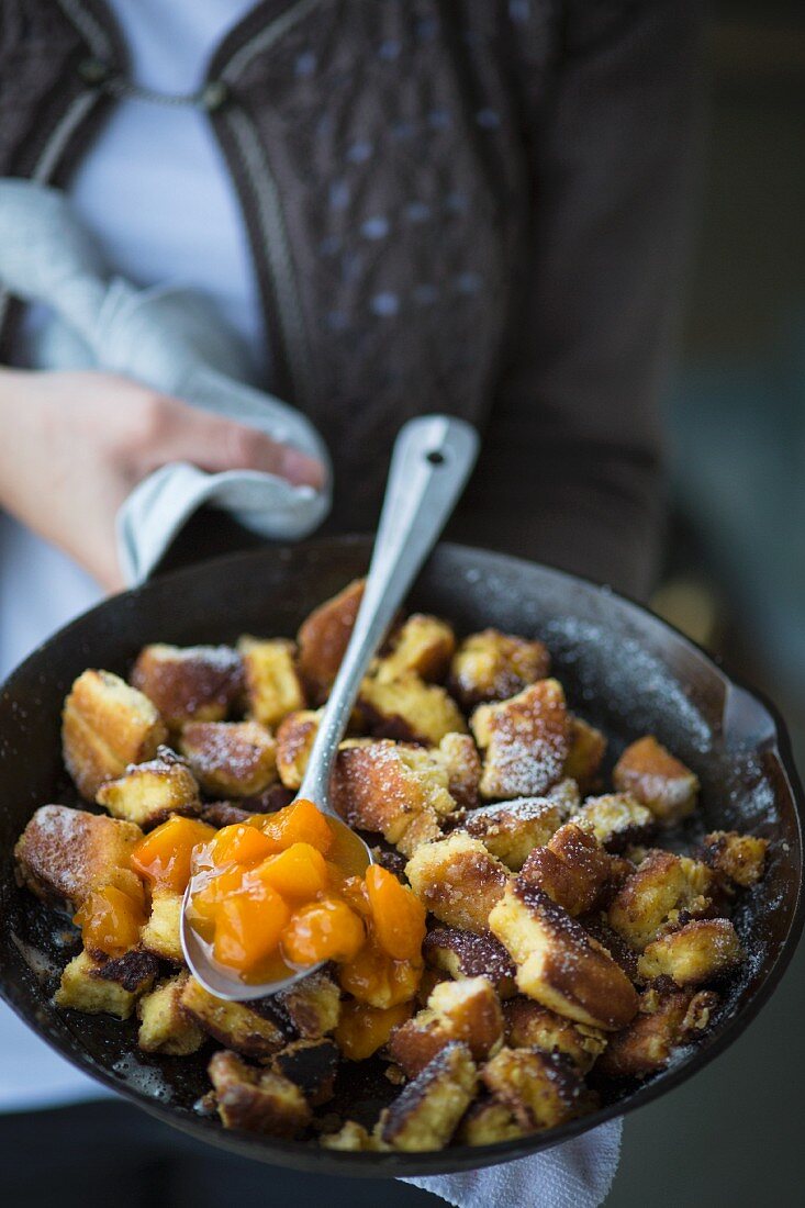 Kaiserschmarrn (Austrian shredded pancake) with apricot compote at Oktober Fest