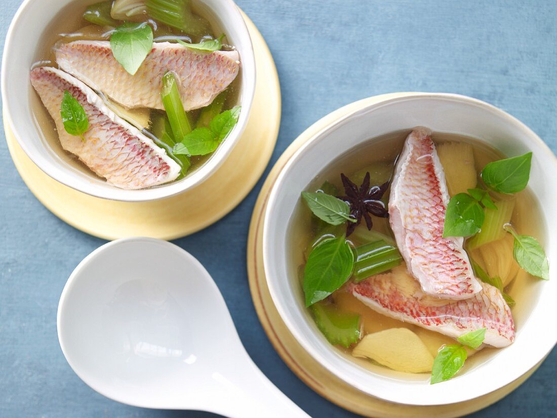 Clear broth with red mullet and ginger