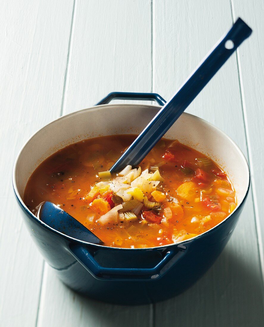Vegetable soup in a cooking pot with a soup ladle