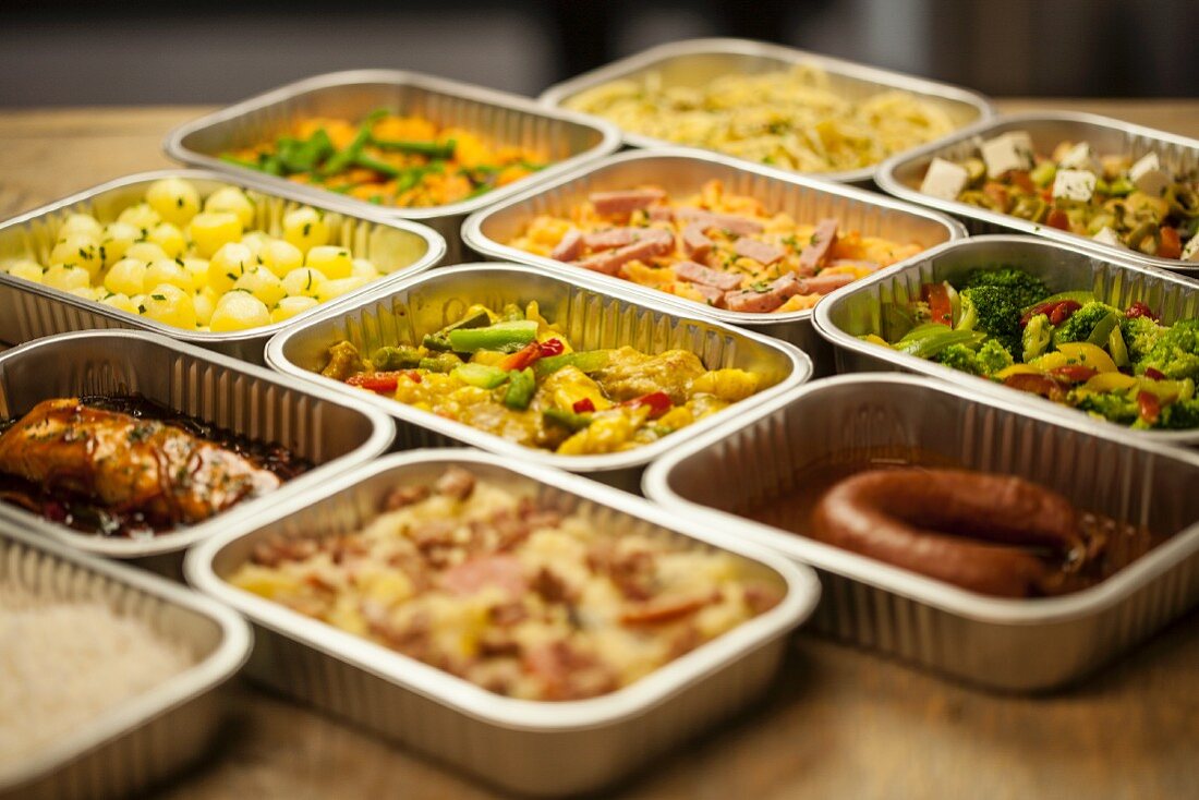 Assorted ready meals in aluminium containers