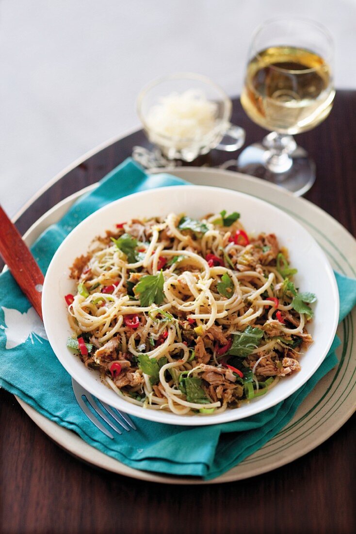 Noodles with tuna, chilli and Parmesan