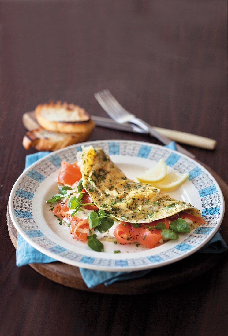 Omelette with salmon and watercress