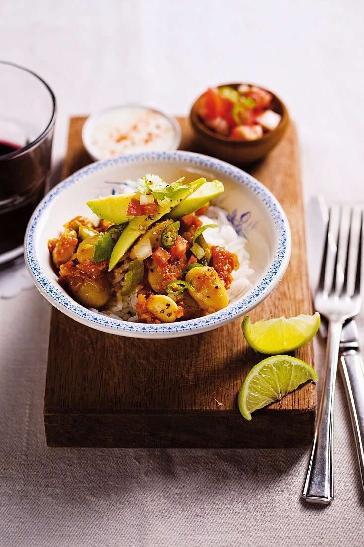 Butter bean chili with avocado and salsa