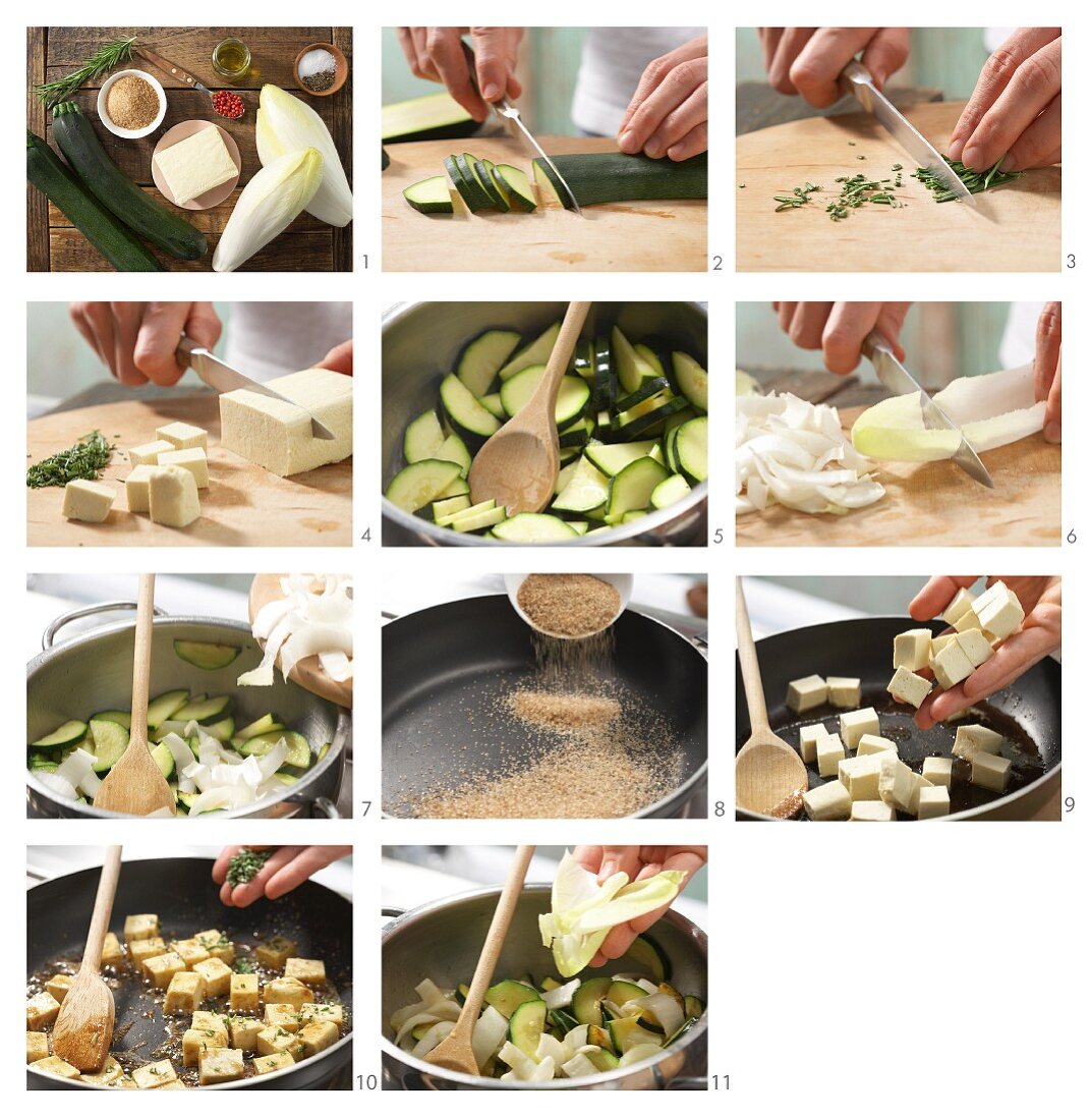 Karamellisierter Tofu mit Chicorée-Zucchini-Gemüse zubereiten
