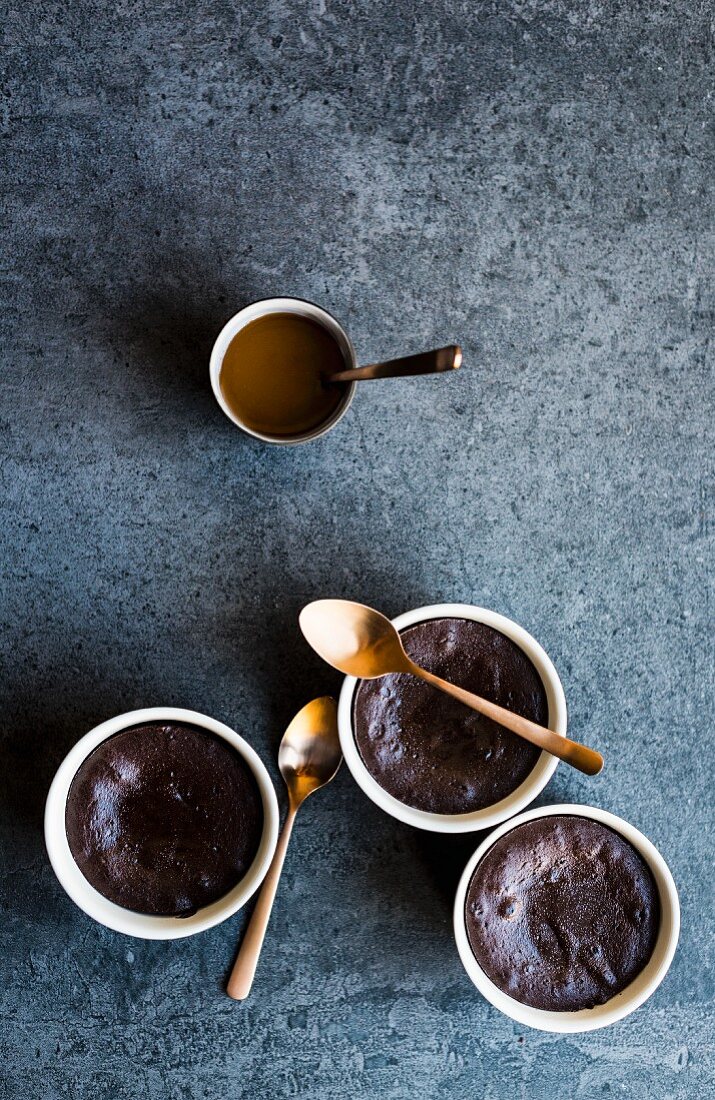 Molten chocolate pudding with caramel sauce (seen from above)