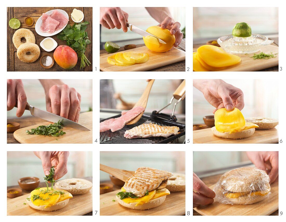 How to prepare a bagel with turkey, mango and lemon balm