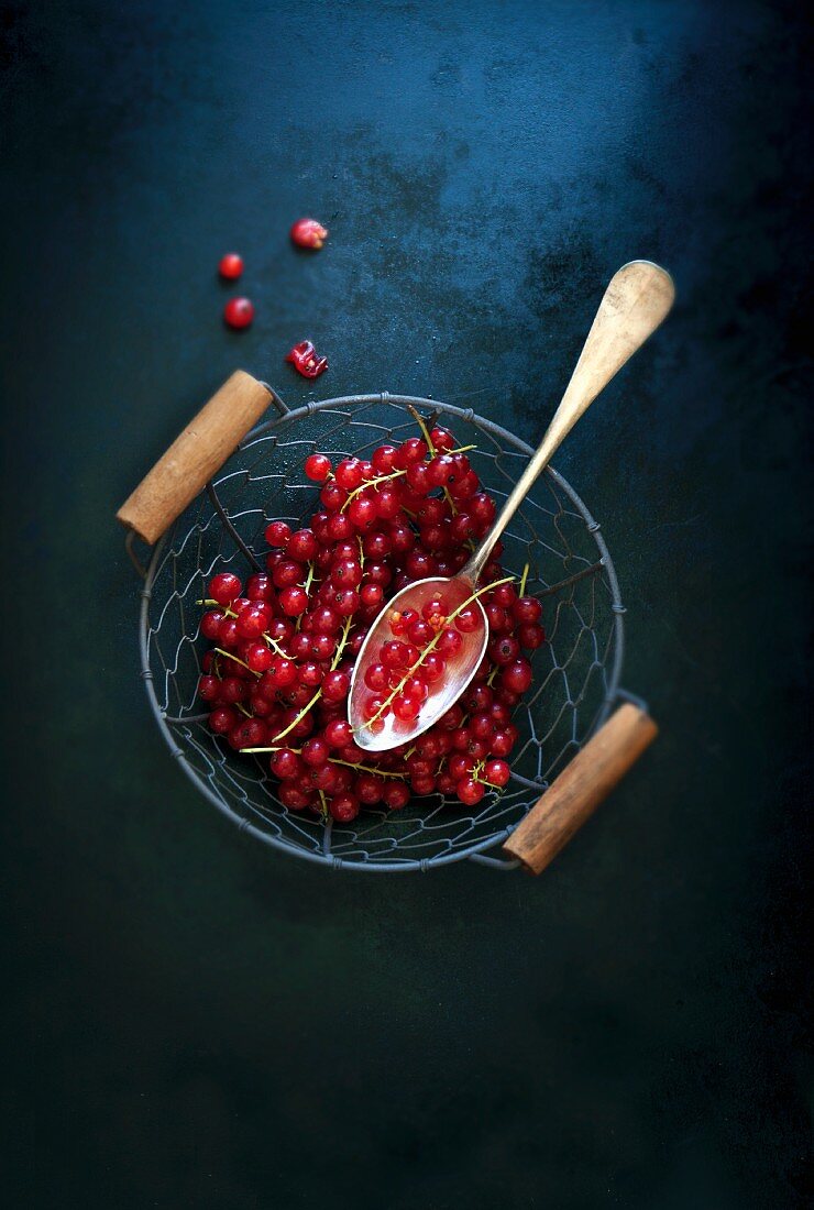Fresh redcurrants with a spoon in a wire basket