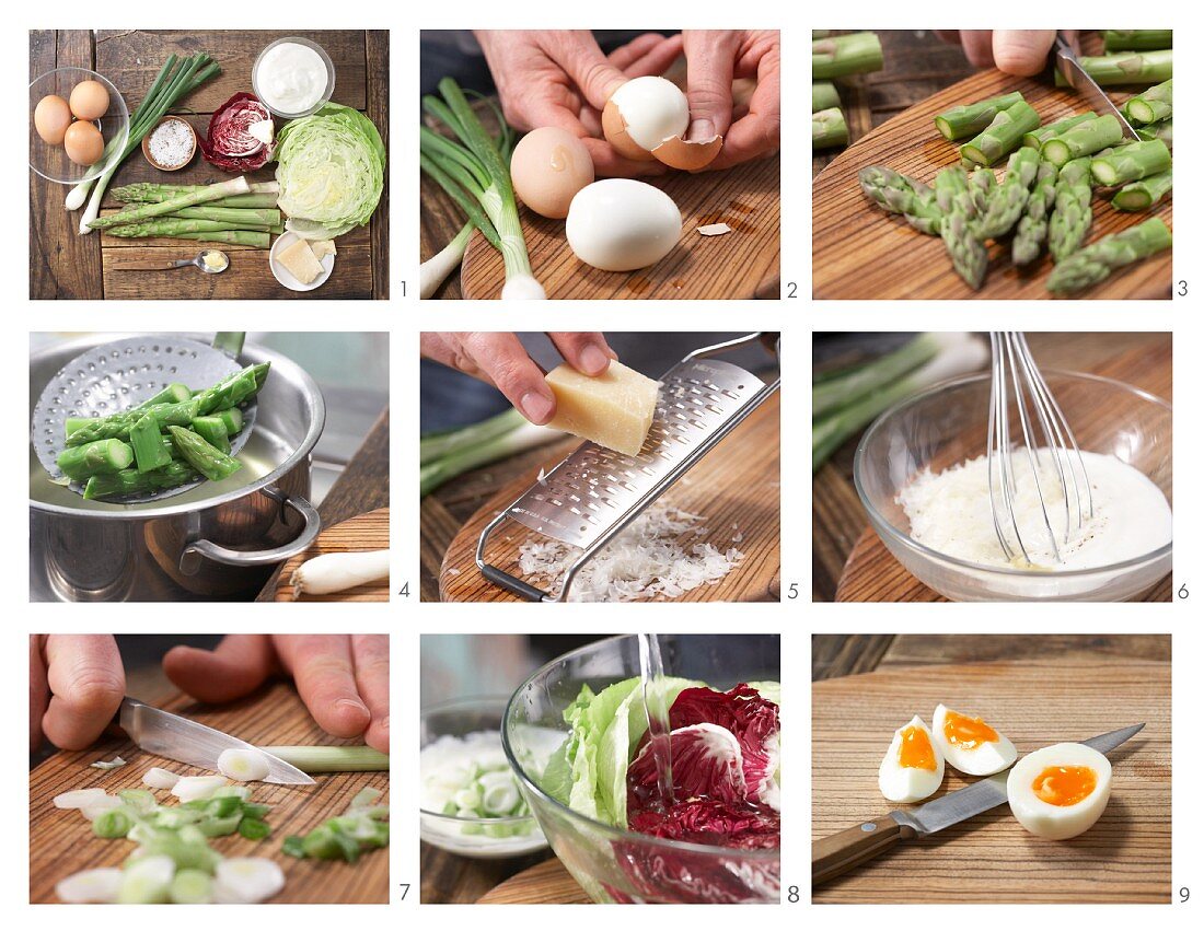 How to prepare egg and asparagus salad with yoghurt dressing