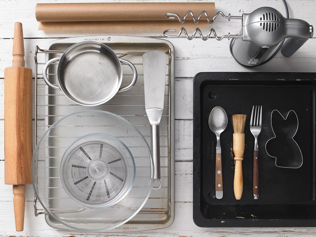 Assorted baking utensils for preparing Easter pastries