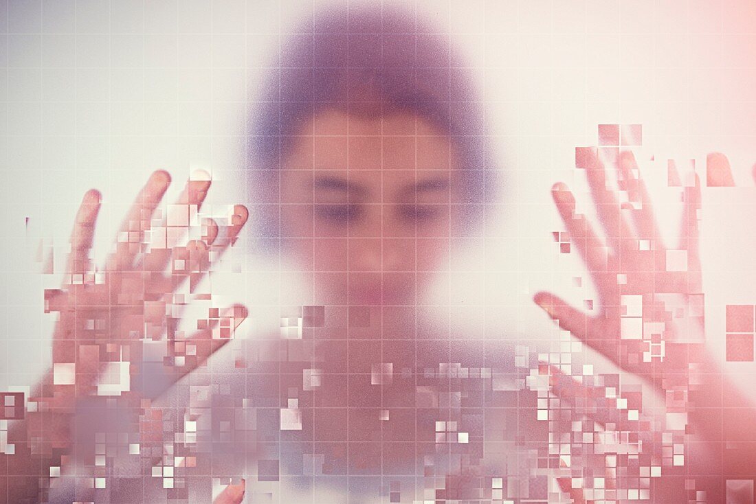 A young girl standing behind a pixelated screen