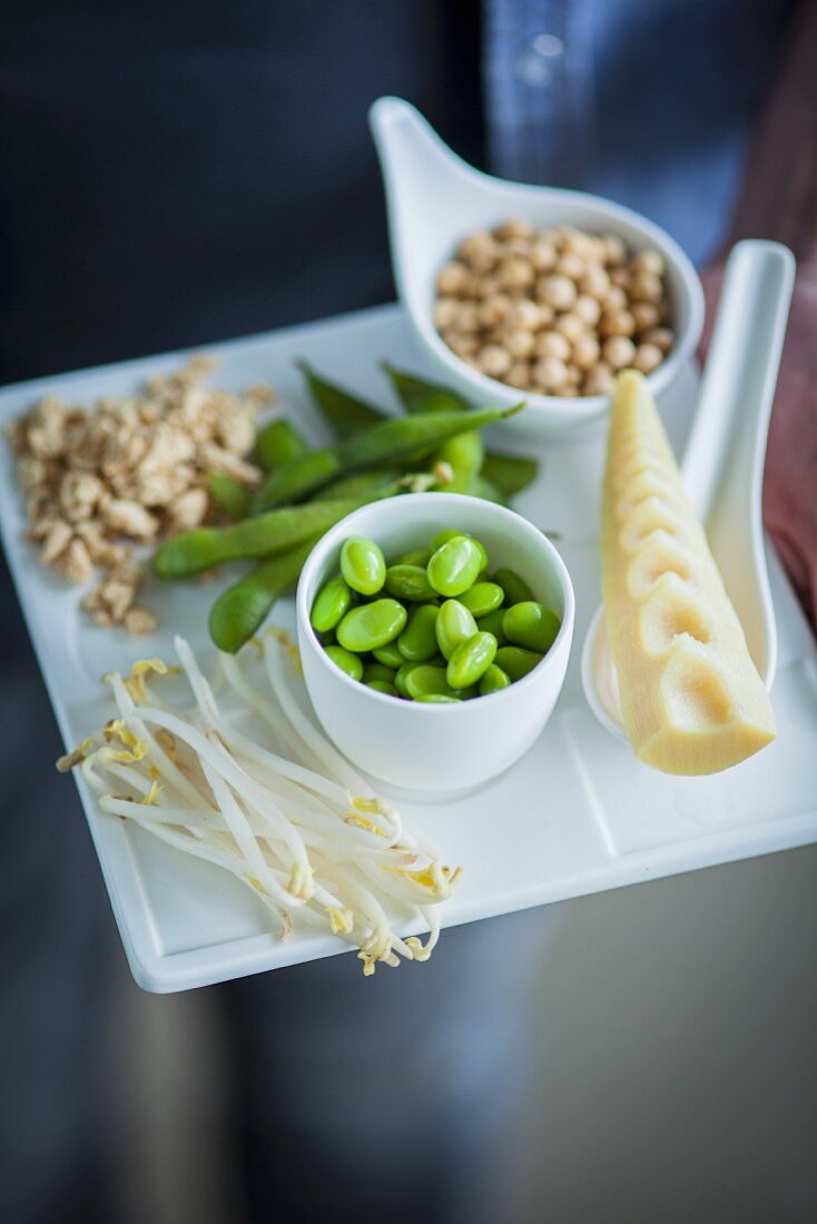 Assorted soya products on a tray