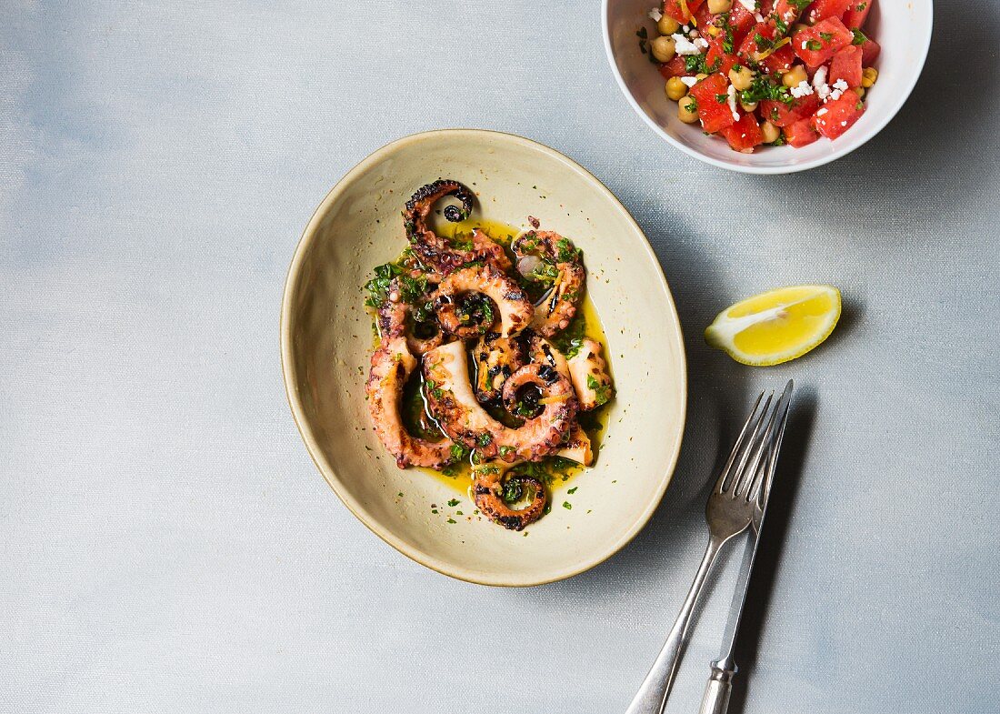 Grilled octopus with watermelon salad