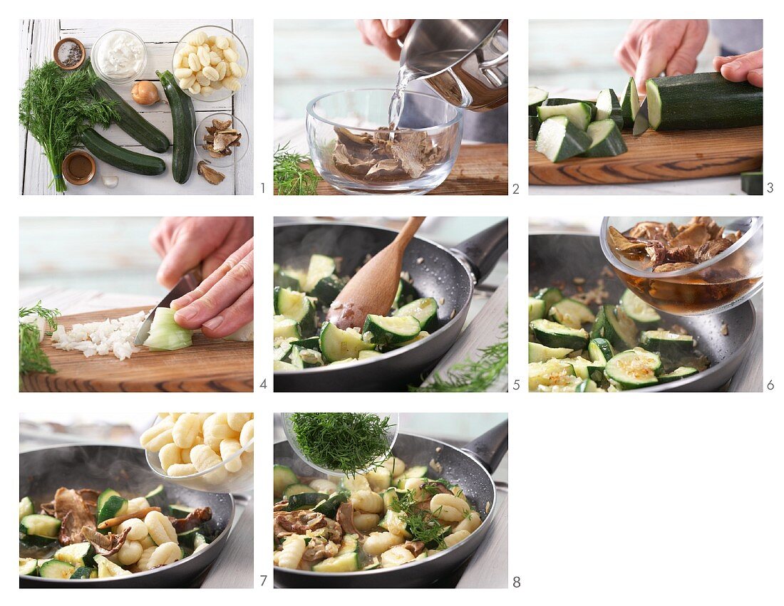 Zucchini-Pfanne mit Gnocchi und Steinpilzen zubereiten