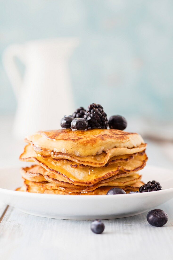 Gluten-free pancakes with blueberries and blackberries