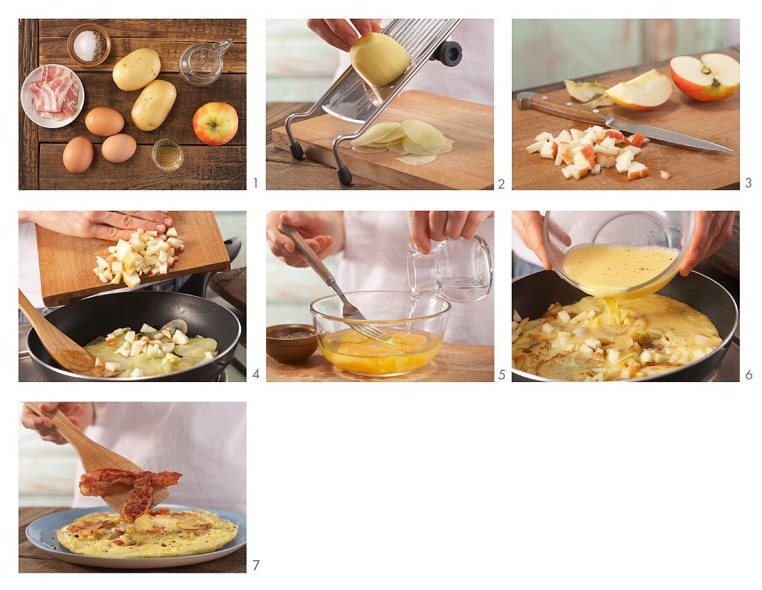 Omelett mit Kartoffeln, Bacon und Apfel zubereiten