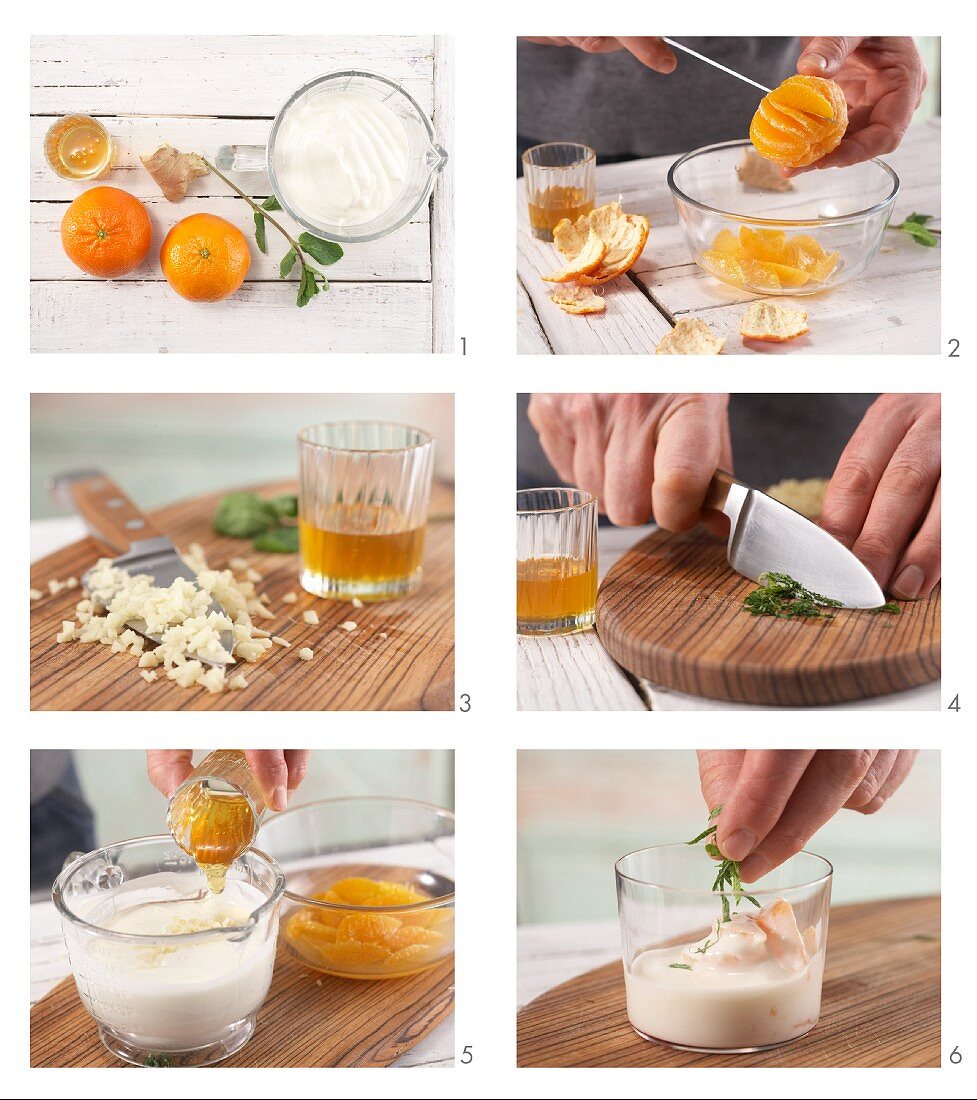 Clementinen-Joghurt mit Ingwer und Honig zubereiten