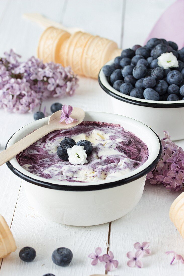 Blueberry ice cream with lilac blossom syrup