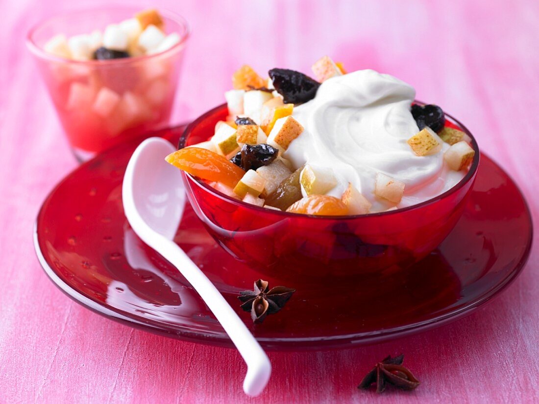 Fruit salad with pears, dried fruit, rosewater and sour milk