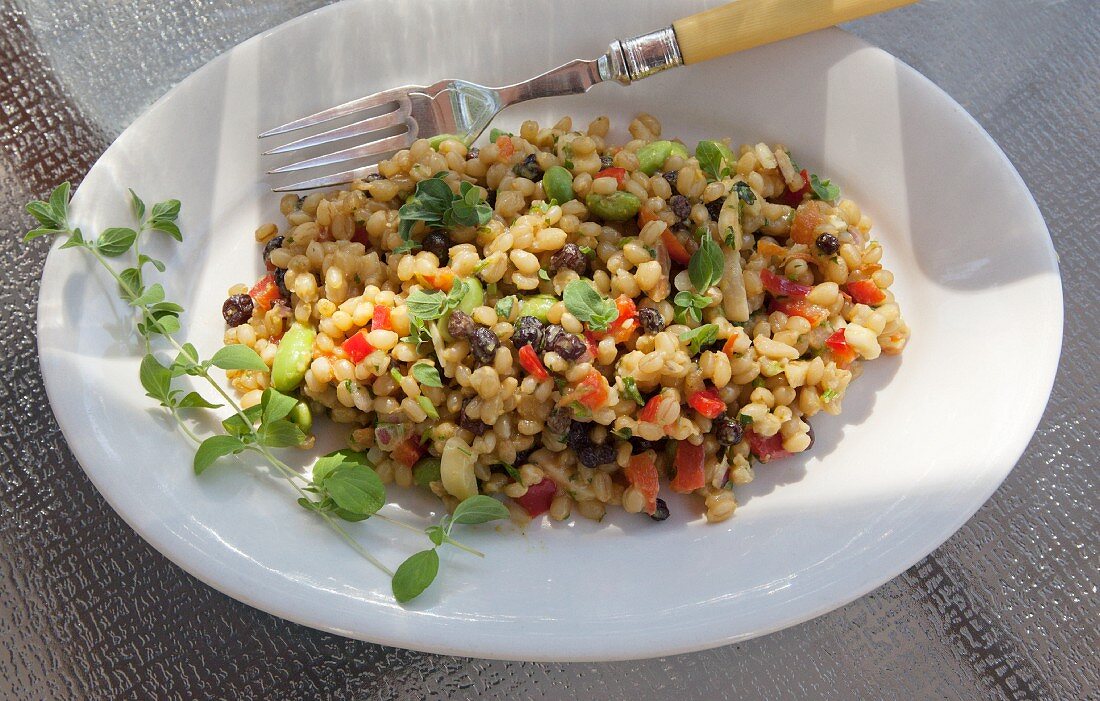 Wheat salad with curry and vegetables