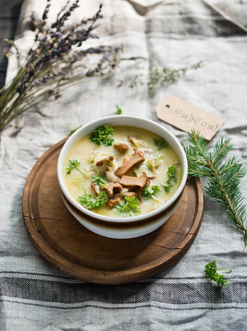 Chanterelle mushroom soup with parsley