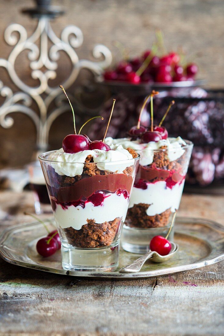 Black forest trifle with chocolate sponge, chocolate & vanilla cream and cherries