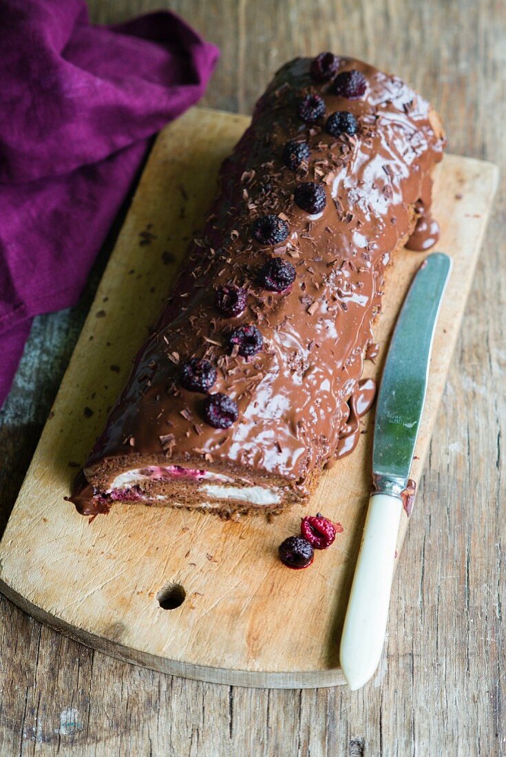 Chocolate Swiss roll with a cream filling covered in chocolate ganache and decorated with blueberries