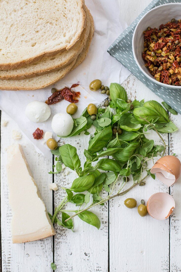 Ingredients for mozzarella in carozza (Italian fried mozzarella sandwich)