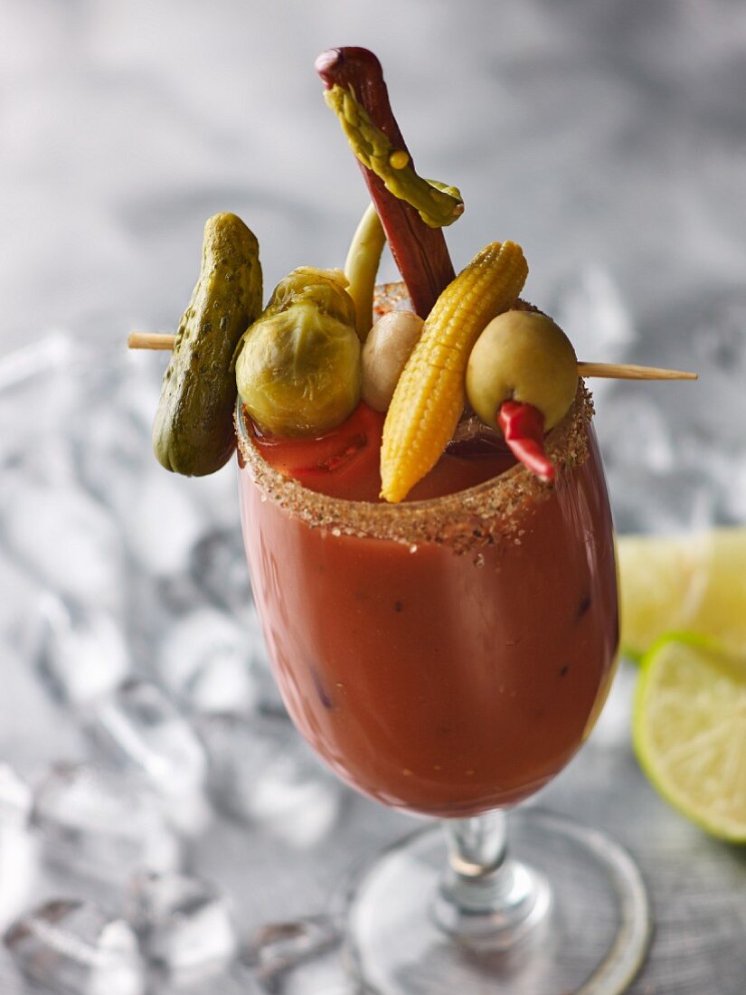 A Bloody Mary cocktail with a lavish vegetable kebab
