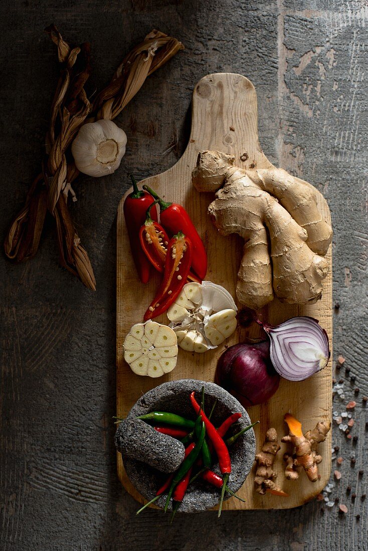An arrangement of vegetables and spices