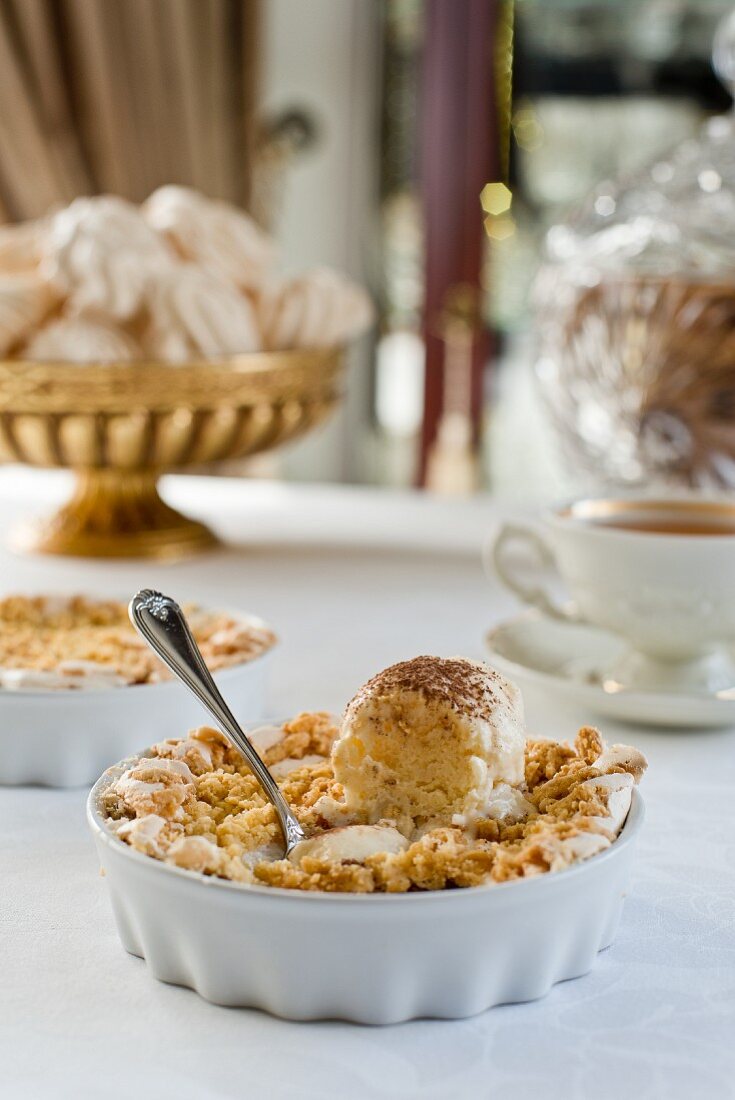 Apple pie with meringue and cinnamon and caramel ice cream