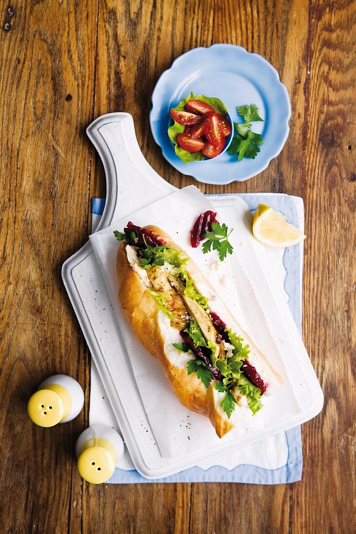 Baguette with chicken breast, beetroot and feta salad