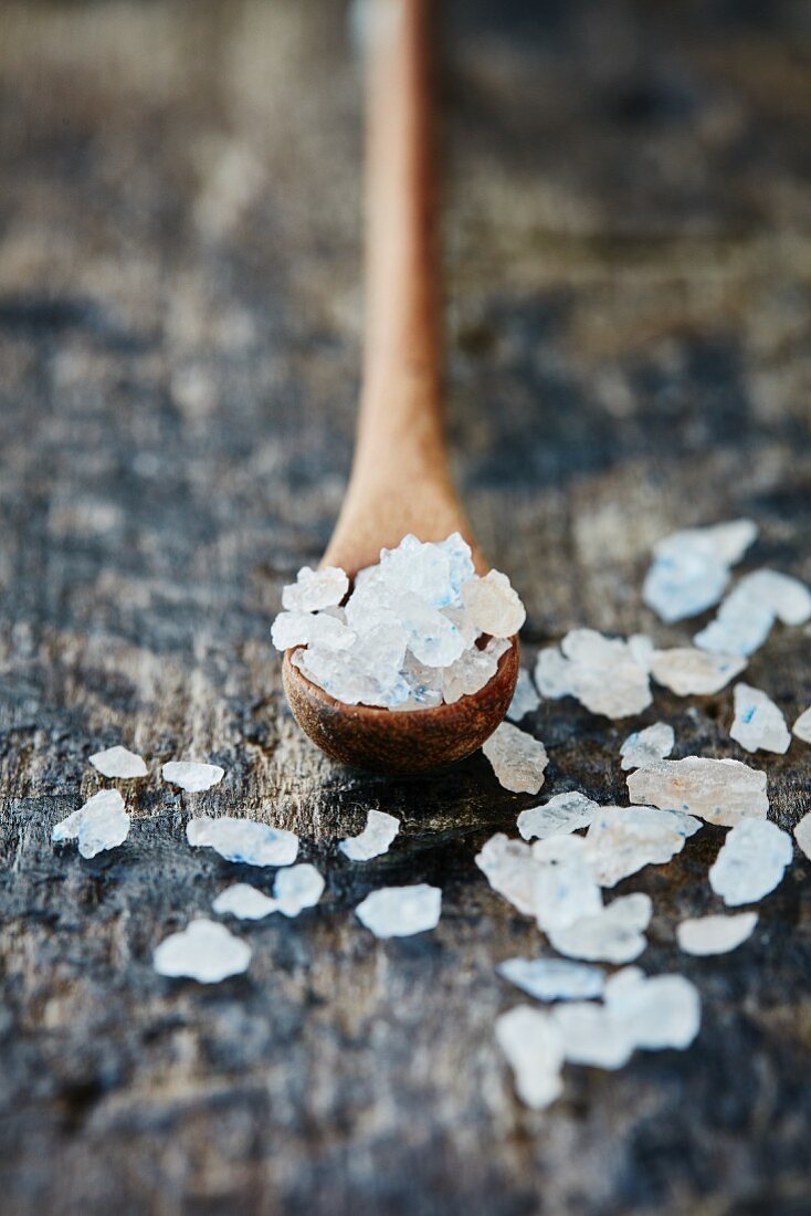 Sea salt on a wooden spoon