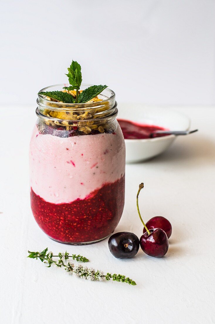 Yoghurt with chia, berry purée and mint
