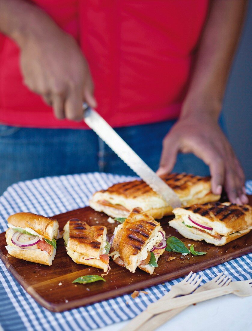Braai broodjie (South African toasted baguettes) with tomato, onion and mozzerella