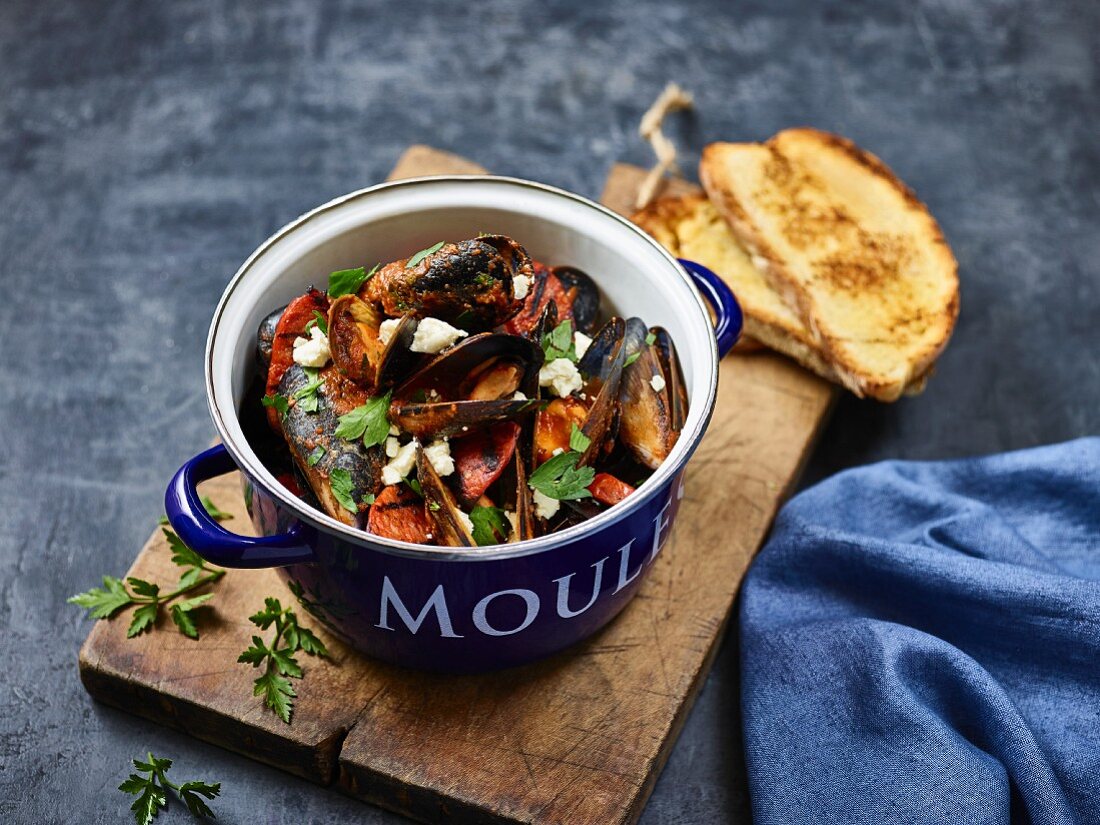 Mussels with feta and chorizo