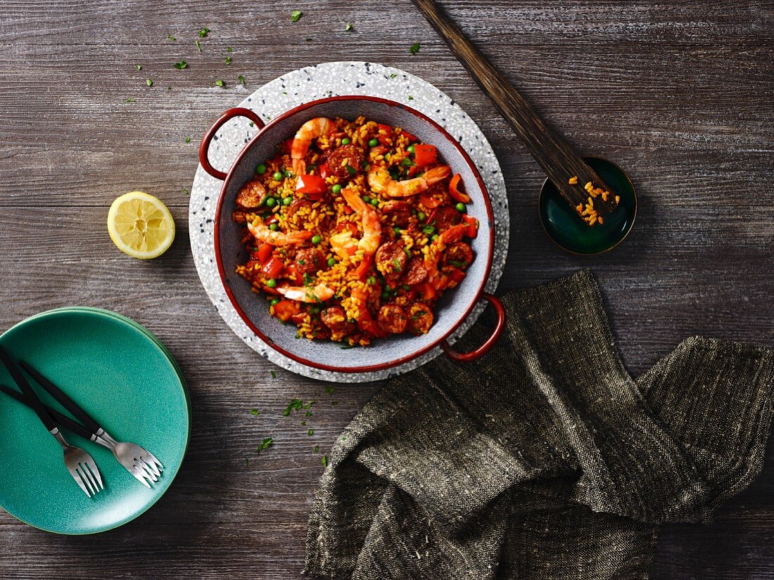 Paella with prawns and chorizo