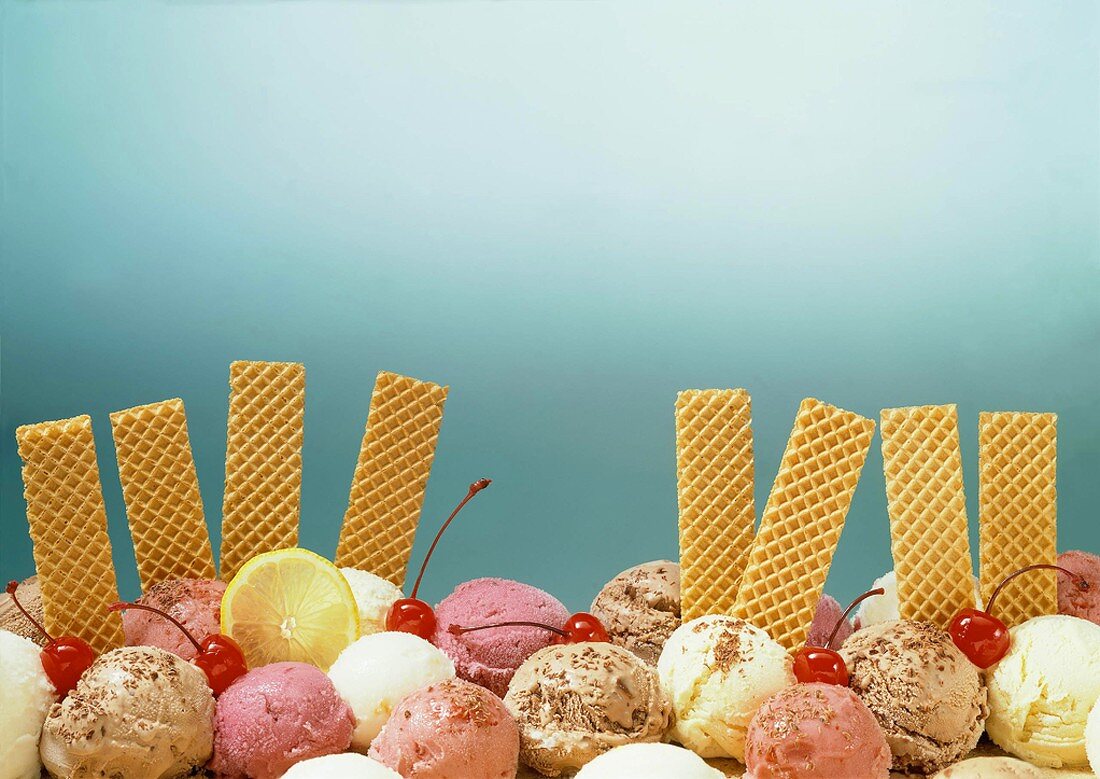 Several Ice Cream Scoops with Wafer Bars