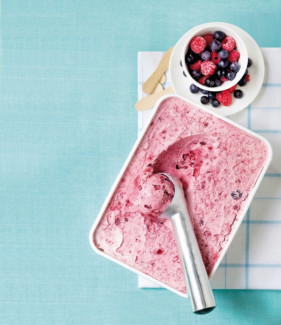Home-made berry ice cream made from frozen berries
