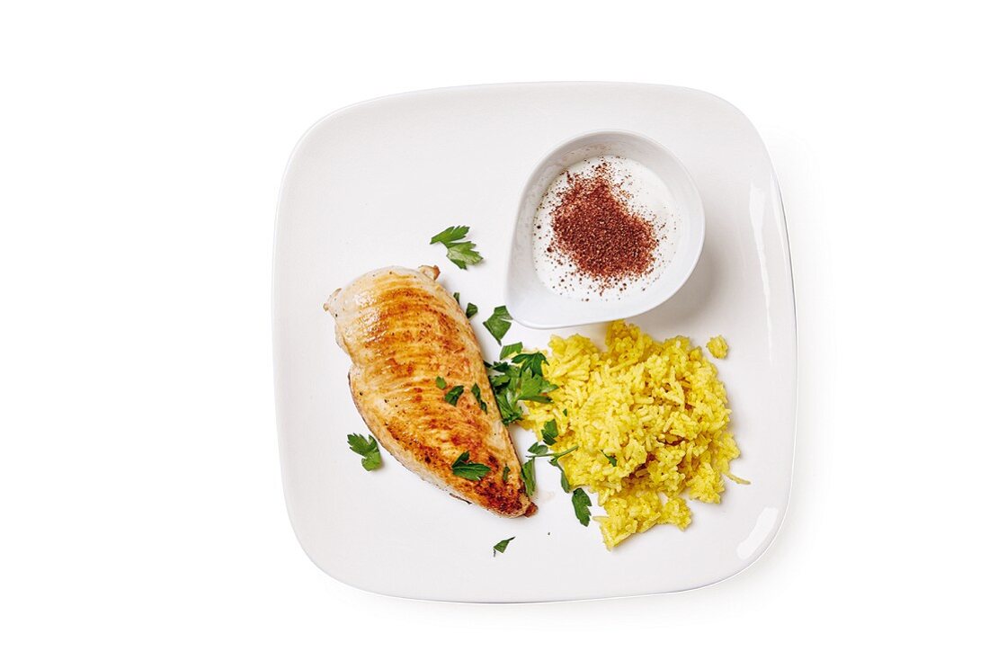 Chicken and rice with a yoghurt & sumac dip