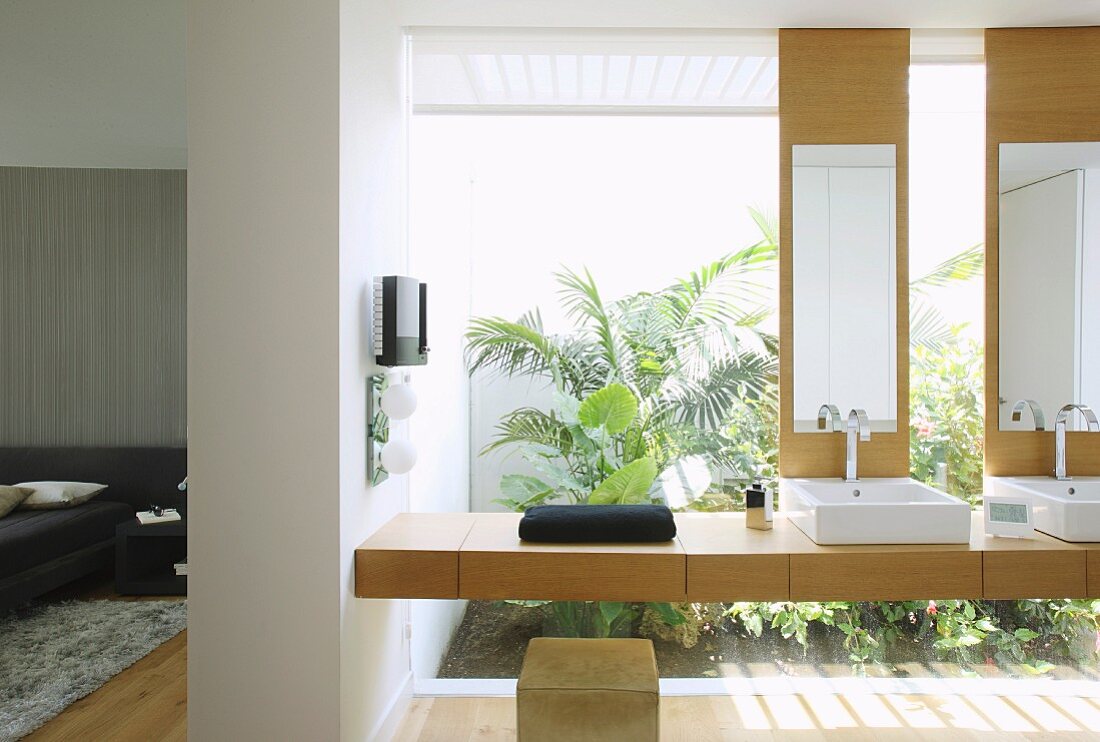 Modern bathroom with glass wall and view into exotic bathroom